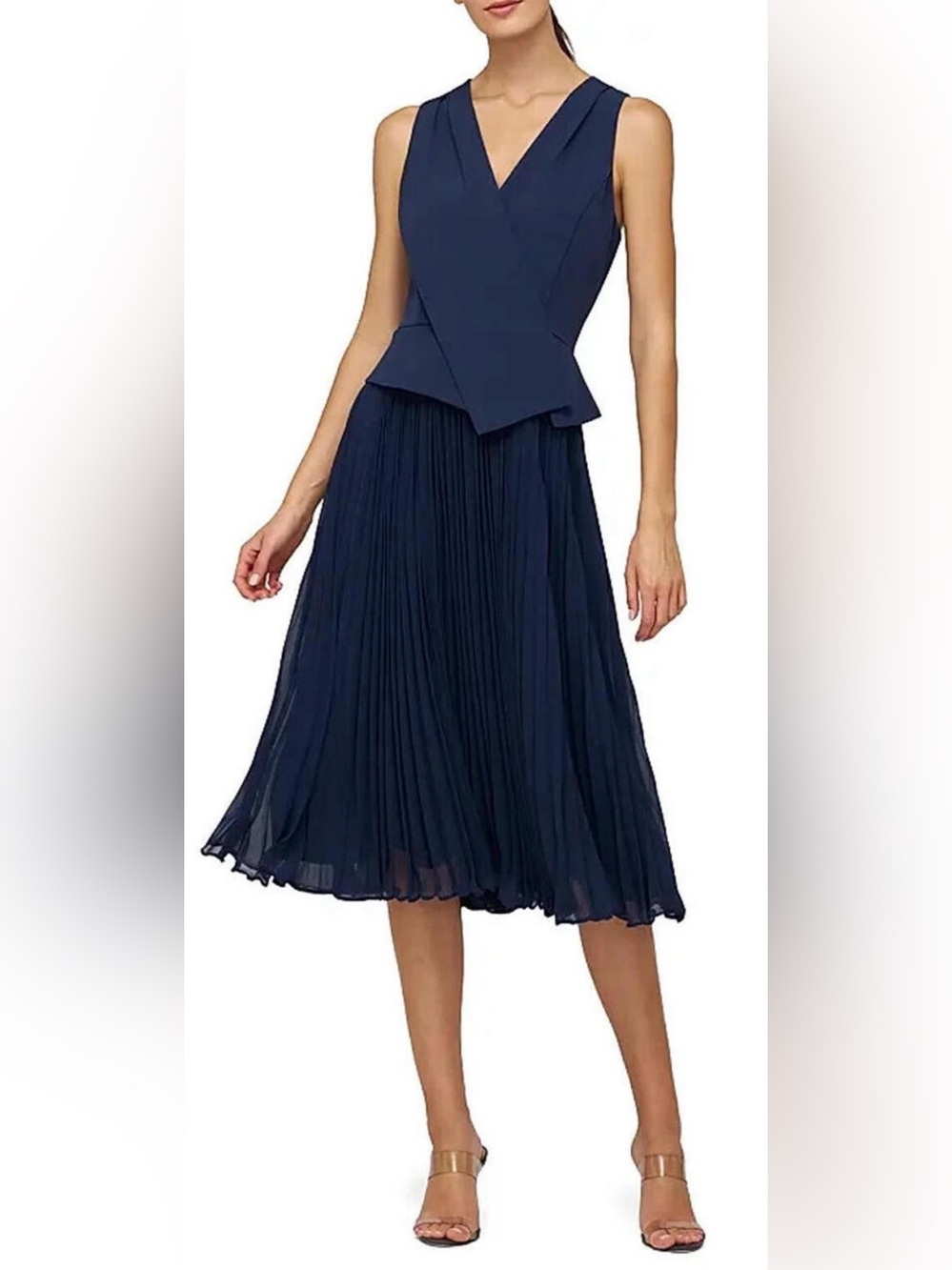 NWOT Kay Unger Orella Pleated vest Midi navy blue Dress sz 10